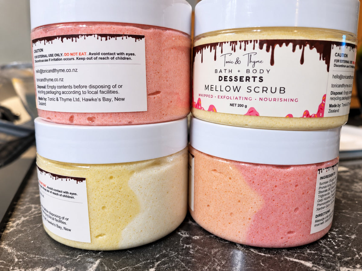 Tonic & Thyme V2 Trial Batch Mellow Scrubs in 200 g jars